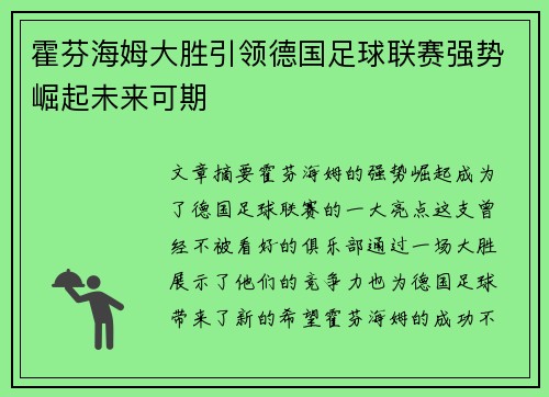 霍芬海姆大胜引领德国足球联赛强势崛起未来可期