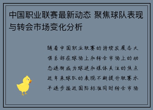 中国职业联赛最新动态 聚焦球队表现与转会市场变化分析