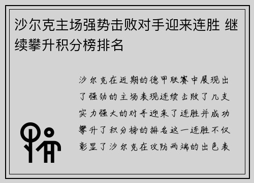 沙尔克主场强势击败对手迎来连胜 继续攀升积分榜排名