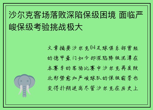 沙尔克客场落败深陷保级困境 面临严峻保级考验挑战极大