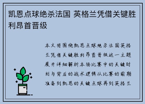 凯恩点球绝杀法国 英格兰凭借关键胜利昂首晋级