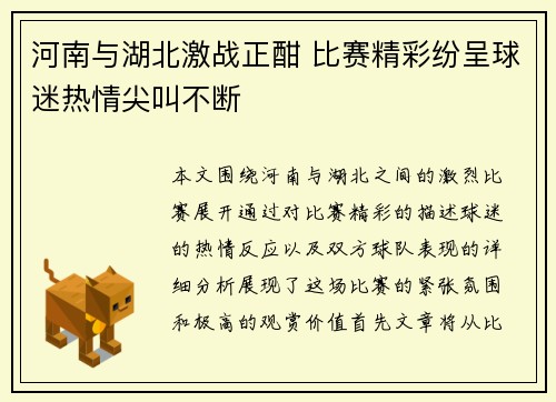 河南与湖北激战正酣 比赛精彩纷呈球迷热情尖叫不断