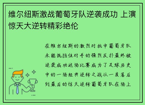 维尔纽斯激战葡萄牙队逆袭成功 上演惊天大逆转精彩绝伦