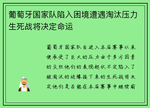 葡萄牙国家队陷入困境遭遇淘汰压力生死战将决定命运